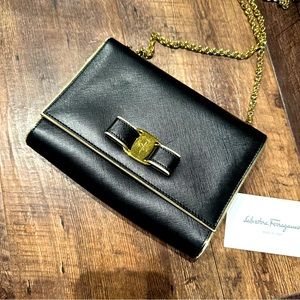 Salvatore Ferragamo Nero Gold Trim Black Mini Crossbody shoulder bag purse